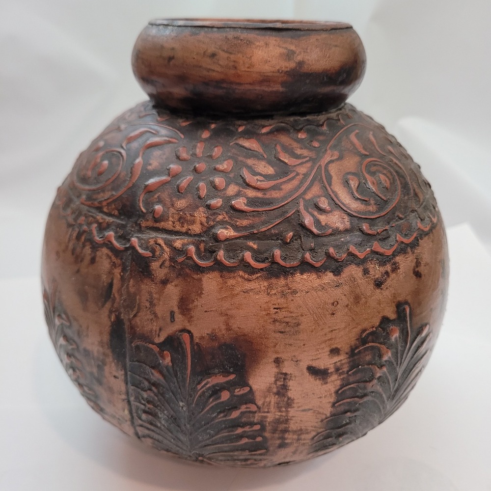 Vintage Indian Metal Vase Made in India Copper Embossed Floral Leaf Round Vessel